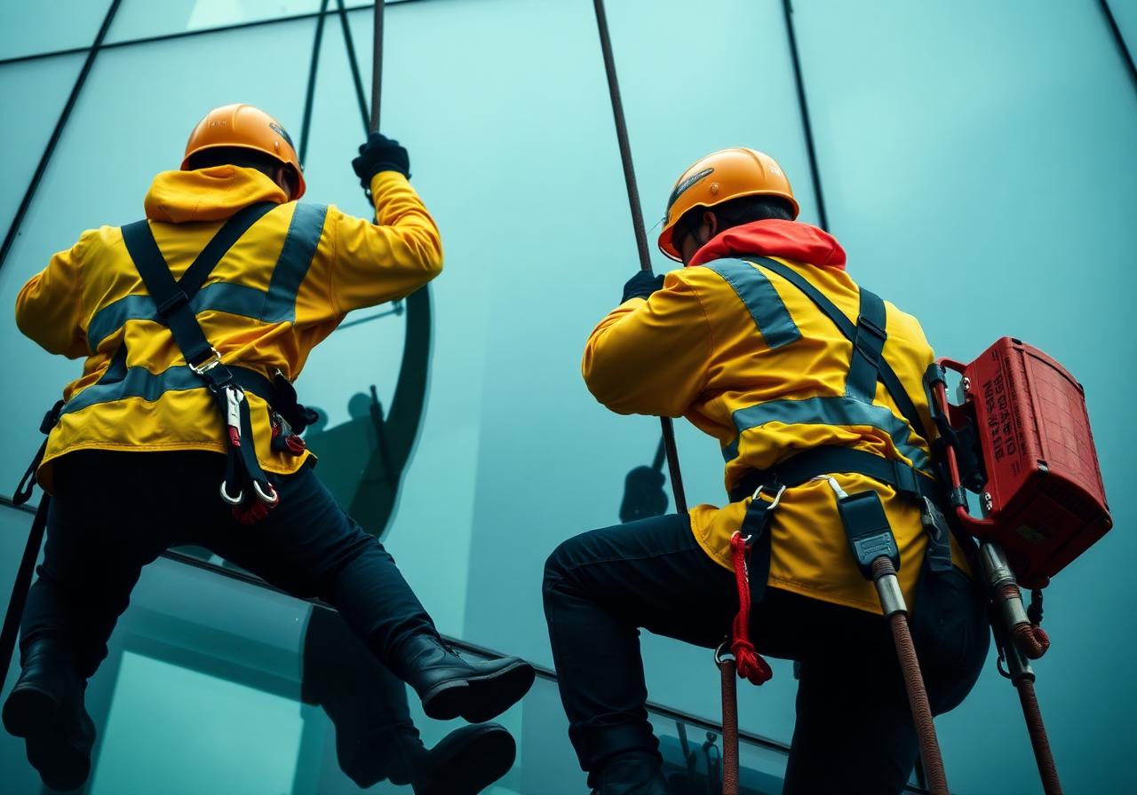 Equipe de alpinistas industriais trabalhando em fachada
