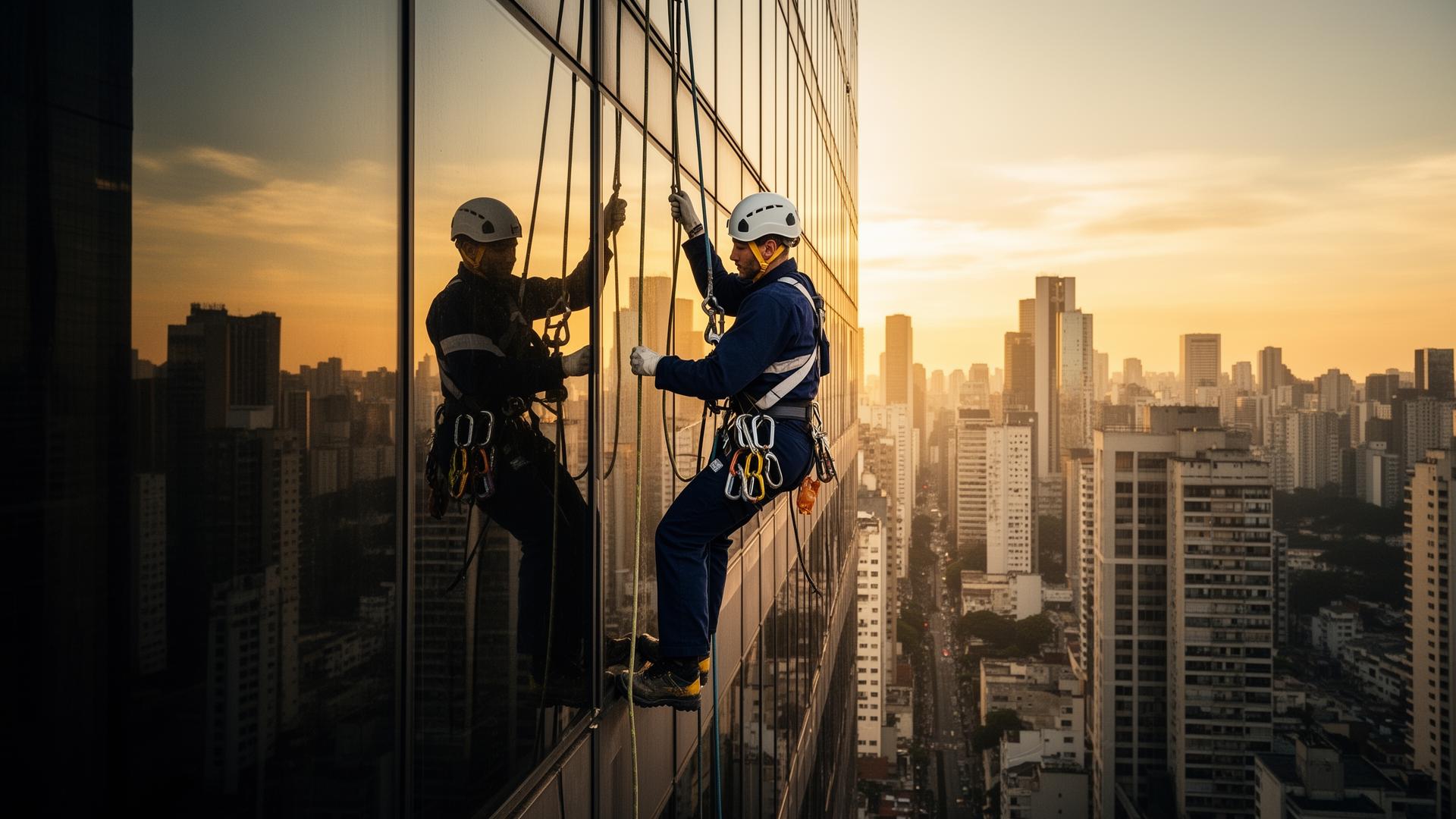 Alpinista industrial em fachada de edifício em São Paulo